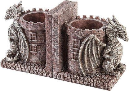 Bookends Dragon, Gothic Black Resin Dragon Guarding Castle Pencil Cup Bookends, Office Desk Book Ends with Decorative Fantasy Dragons and Stone Tower Pen Holders, 1 Pair