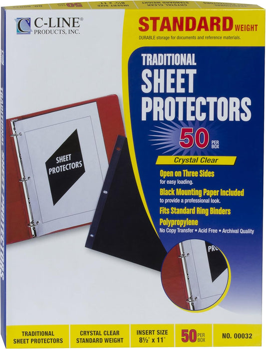 C-Line Traditional Standard Weight Poly Sheet Protectors, Clear, 8.5 x 11 Inches, 100 per Box (03213)