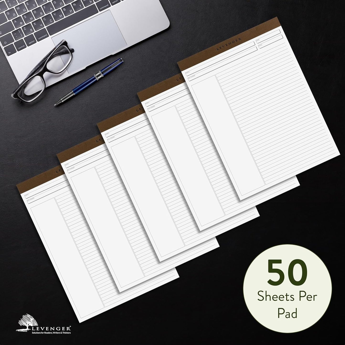 Levenger Freeleaf Annotation Ruled Writing Pads Lined Notepad, Compatible with Cornell Note-Taking System, Pack of 5, White, Letter