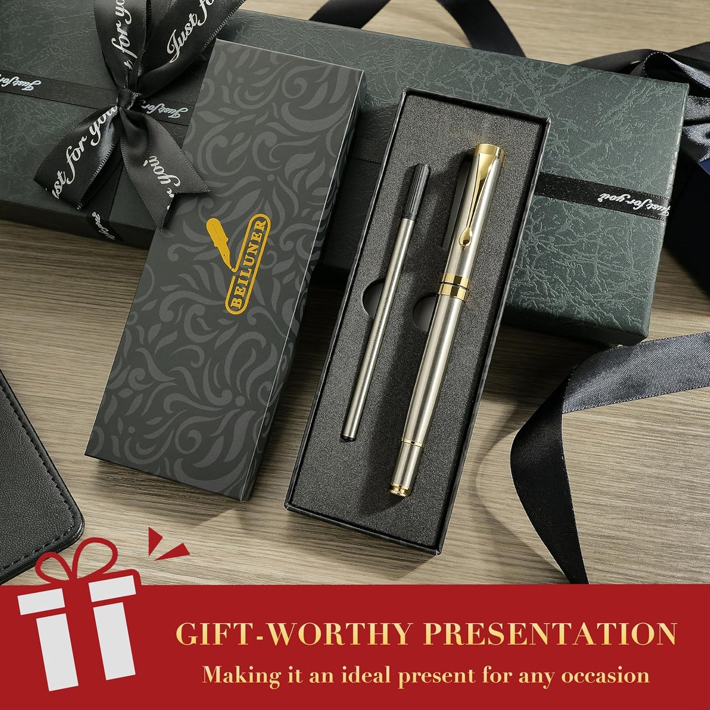 BEILUNER Ballpoint Pens, Stunning Black Chrome Metal Pen with Golden Trim, Best Ball Pen Gift Set for Men & Women, Professional, Executive, Office, Nice Pens-Gift Box with 0.5mm Black Extra Refill