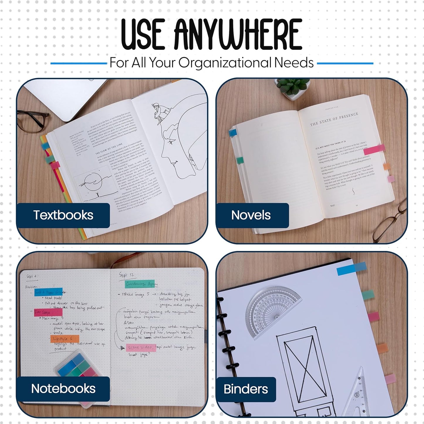 Essex Wares - 300 Pieces - Transparent Sticky Notes Tabs with Case - 5 Light Pastel Colors - 3 Cases - 1.8" x 0.4" - 60 Pieces - Pop Up Index Tabs - Book Flags for Annotating - Book Sticky Tabs