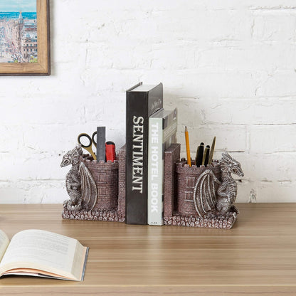 Bookends Dragon, Gothic Black Resin Dragon Guarding Castle Pencil Cup Bookends, Office Desk Book Ends with Decorative Fantasy Dragons and Stone Tower Pen Holders, 1 Pair