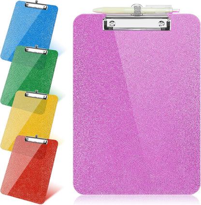 SFLHHDM 1 Pcs Clear Glitter Clipboards, Plastic Clipboard with Pen Holder, Size 8.85 x 12.4 in Shiny Clipboards with Low Profile Clip, Cute Hanging Clipboard for Office School Sparkly Clip Board-Pink