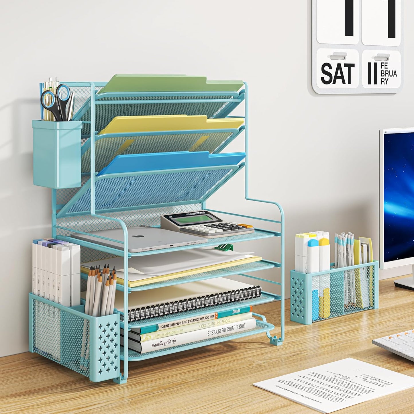 Simple Trending 7 Tier Desk File Organizer, Letter Tray Paper Organizer with Pen Holder and Metal Hanging Basket, Black