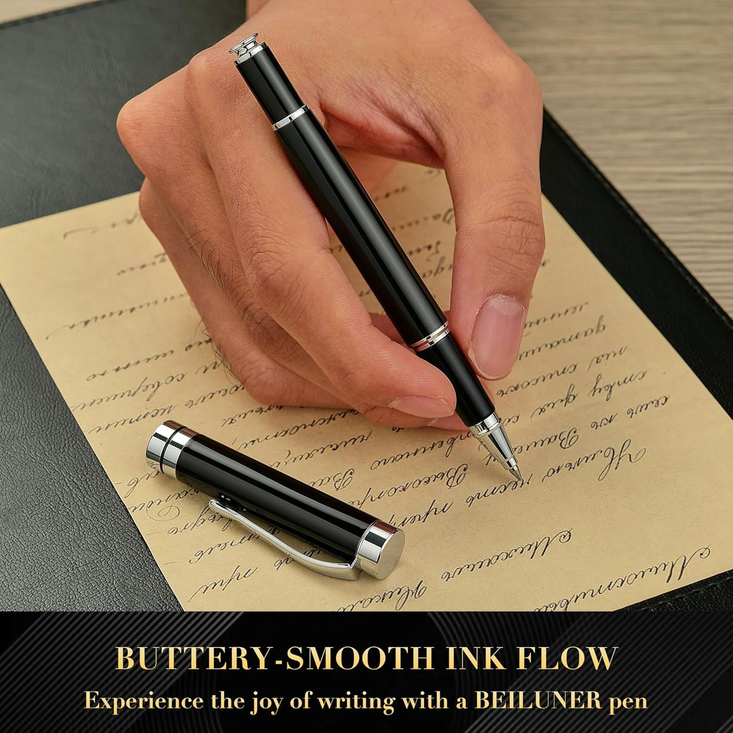 BEILUNER Ballpoint Pens, Stunning Black Chrome Metal Pen with Golden Trim, Best Ball Pen Gift Set for Men & Women, Professional, Executive, Office, Nice Pens-Gift Box with 0.5mm Black Extra Refill