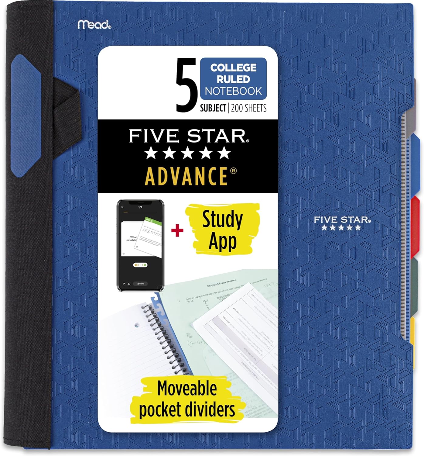 Five Star Advance Spiral Notebook + Study App, 5 Subject, College Ruled Paper, 8-1/2" x 11", 200 Sheets, Spiral Guard, Movable Tabbed Dividers, Black (73144)