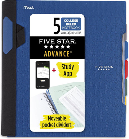 Five Star Advance Spiral Notebook + Study App, 5 Subject, College Ruled Paper, 8-1/2" x 11", 200 Sheets, Spiral Guard, Movable Tabbed Dividers, Black (73144)