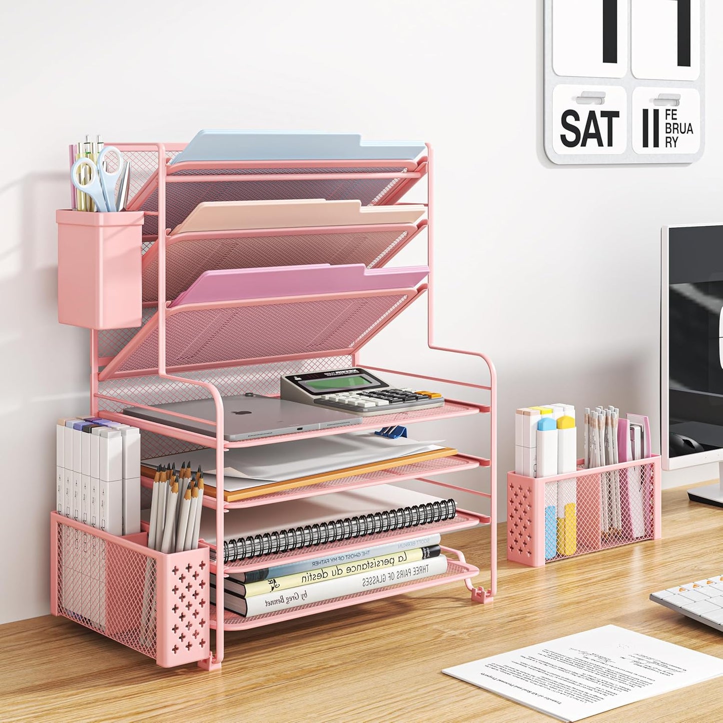 Simple Trending 7 Tier Desk File Organizer, Letter Tray Paper Organizer with Pen Holder and Metal Hanging Basket, Black