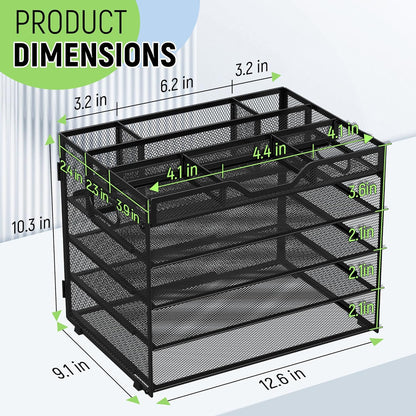 Docnest 5 Tier Letter Tray with Hanging File Organizer-Mesh Desk Organizer-Desktop Storage Box Built in Pen Holder and Handles, File Folder Holder for Mail Documents Office Supplies-Black
