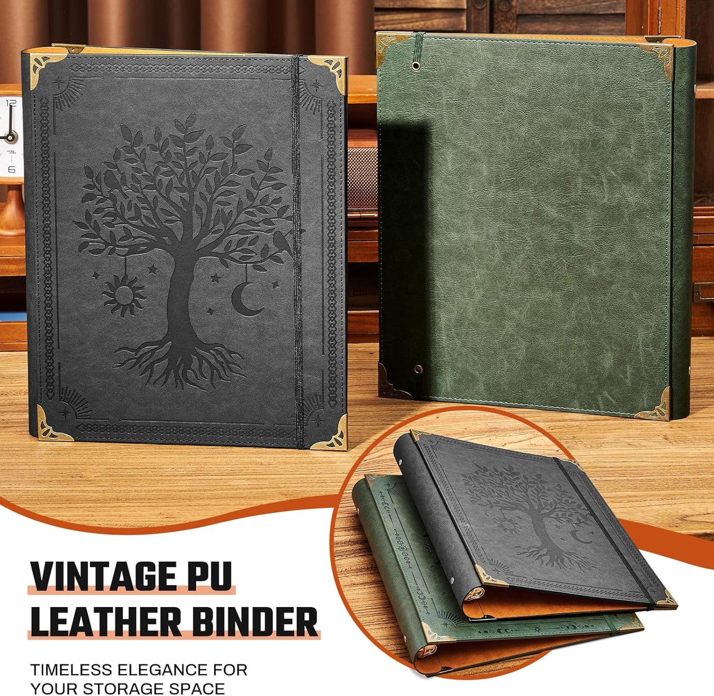 Ovesmusl Leather 3 Ring Binder Fits 8.5"x11" Letter Size Paper, 1 Inch Round Ring Binder Holds 200 Sheets, Notebook Cover Loose Leaf Organizer, Green Tree