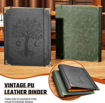 Ovesmusl Leather 3 Ring Binder Fits 8.5"x11" Letter Size Paper, 1 Inch Round Ring Binder Holds 200 Sheets, Notebook Cover Loose Leaf Organizer, Green Tree