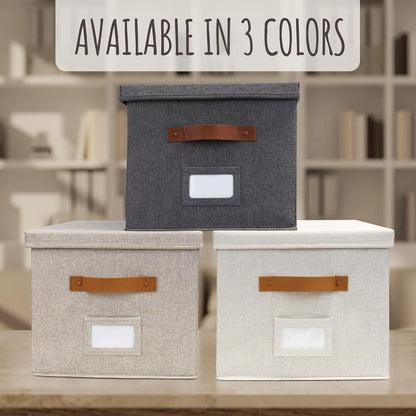 ZICOTO Decorative File Organizer Box Set of 2 - Collapsible Linen Filing Cabinets with Handles Are Perfect to Store All Your Documents & Hanging File Folders - Portable Easy Slide Crates with Lid