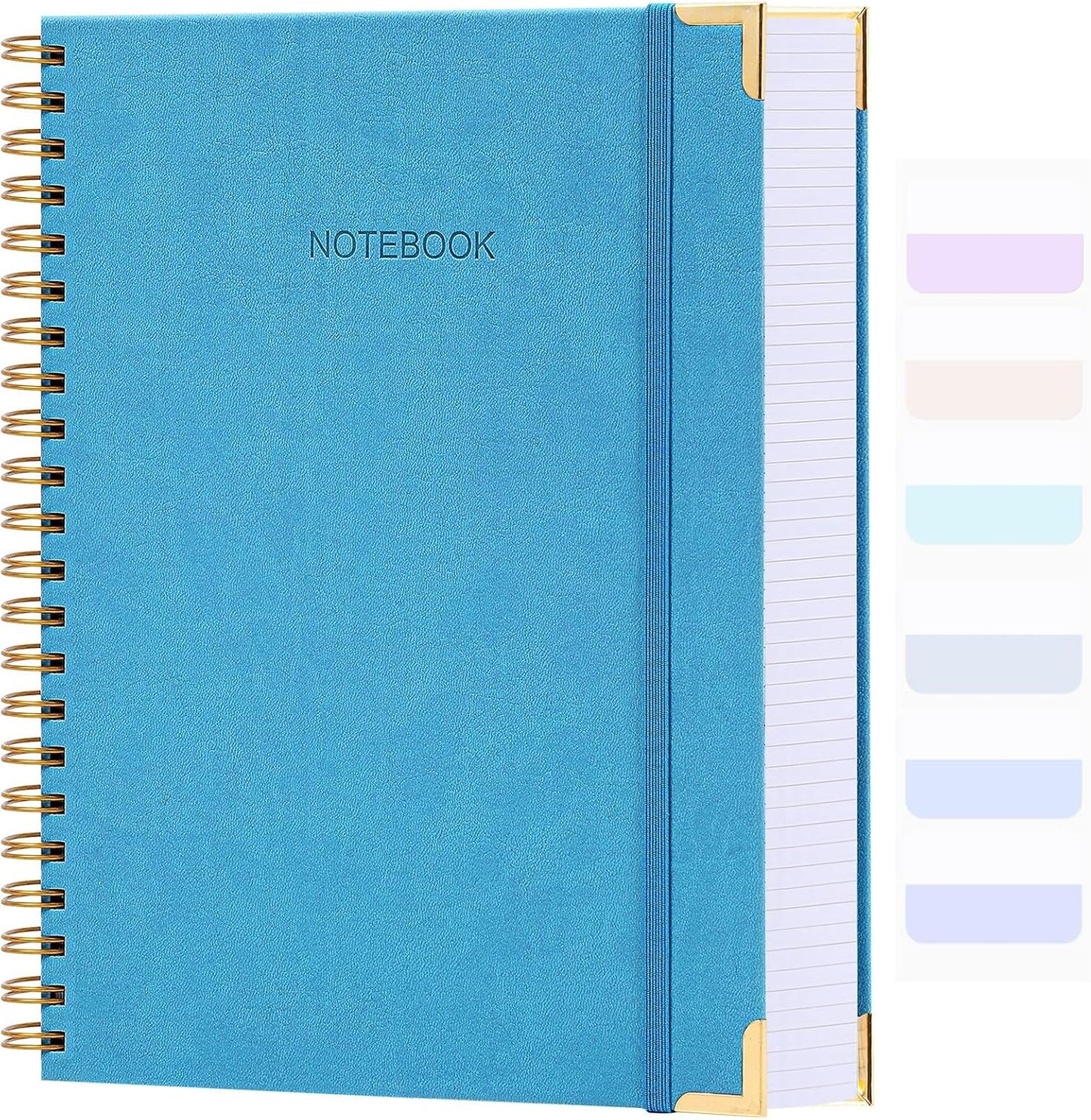 Spiral Notebook, College Ruled Notebook Journal, 7” x 10”, 300 Pages Leather Writing Journal for Women Men, B5 Hardcover Notebook for Work School, 24pcs Index Tabs, Light Blue
