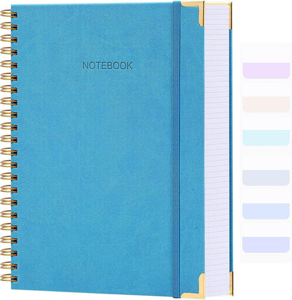 Spiral Notebook, College Ruled Notebook Journal, 7” x 10”, 300 Pages Leather Writing Journal for Women Men, B5 Hardcover Notebook for Work School, 24pcs Index Tabs, Light Blue