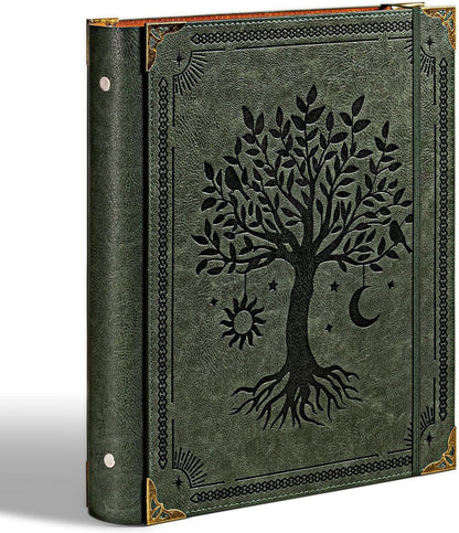 Ovesmusl Leather 3 Ring Binder Fits 8.5"x11" Letter Size Paper, 1 Inch Round Ring Binder Holds 200 Sheets, Notebook Cover Loose Leaf Organizer, Green Tree