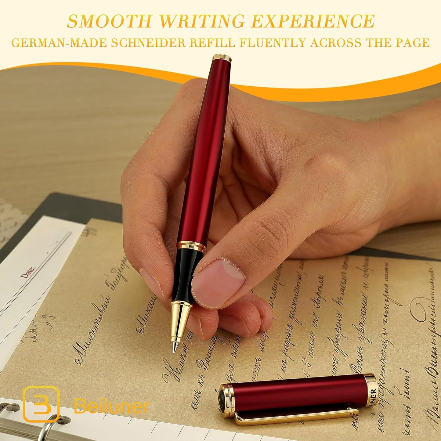 BEILUNER Luxury Rollerball Pen, Stunning Green Lacquer with 24K Gold Trim,Noble and Elegant Designs,Schneider Ink Refill, Best Gift Set for Men & Women, Refillable, Executive Writing, Nice Pens