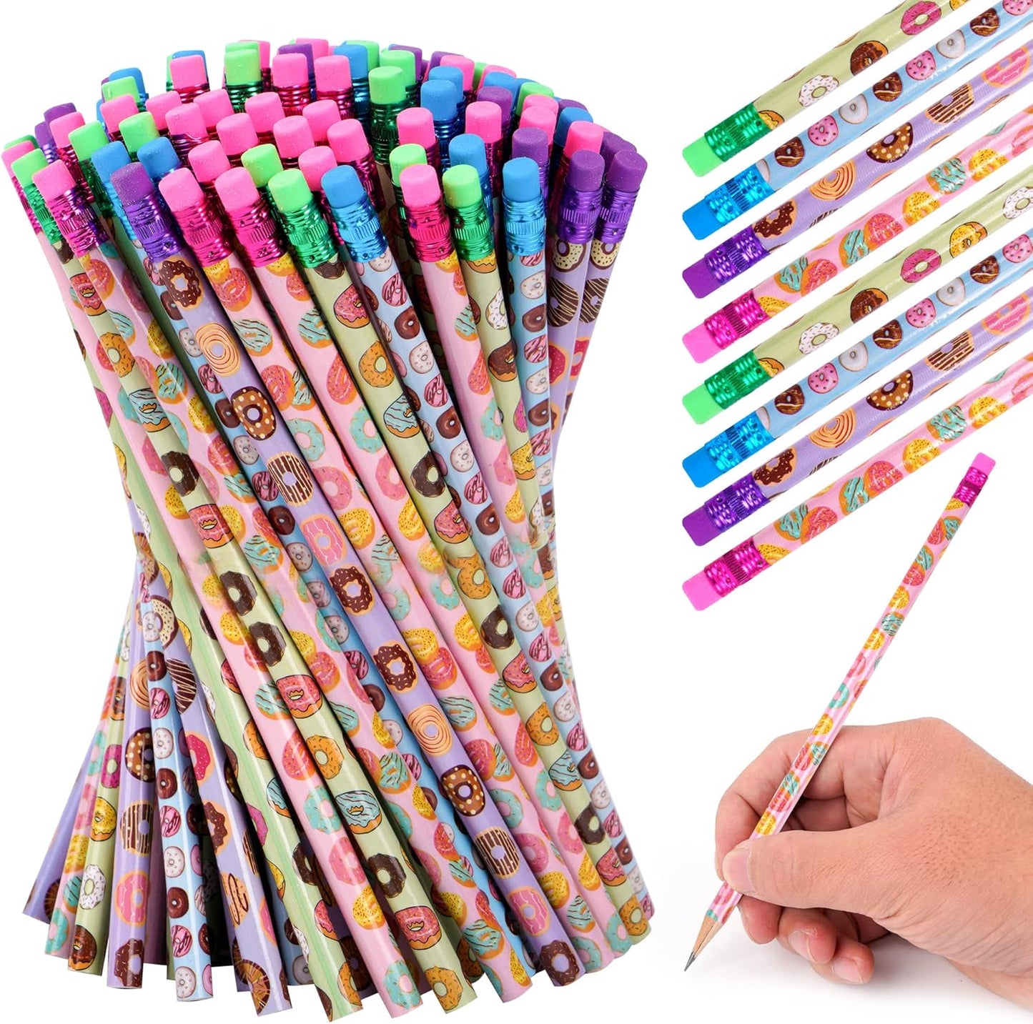 200 Pieces Donut Themed Pencils Cylinder Wood Pencils with Various Donut Element 4 Style Assorted Students Pencils Girls Birthday Present Party Supplies Student Carnival Prize School Office Supply