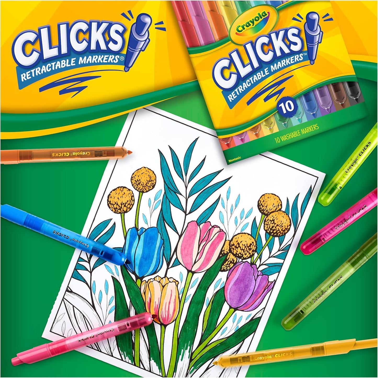 Crayola Clicks Retractable Markers Bold (10ct), Teacher Classroom School Supplies, Spring Crafts, No Dry Washable Markers for Kids