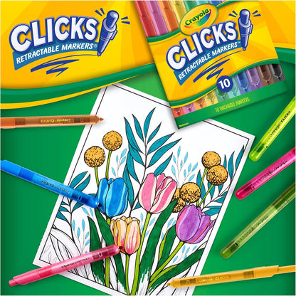 Crayola Clicks Retractable Markers Bold (10ct), Teacher Classroom School Supplies, Spring Crafts, No Dry Washable Markers for Kids