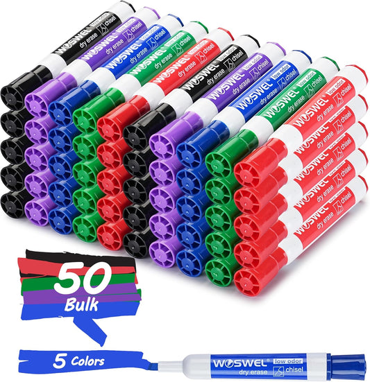 WOSWEL Dry Erase Markers, Chisel Tip Whiteboard Markers, Low Odor Thick Dry Markers, 50 Bulk 5 Assorted Colors (Black/Blue/Red/Green/Purple) for Teachers, Classroom, Office & Home Use