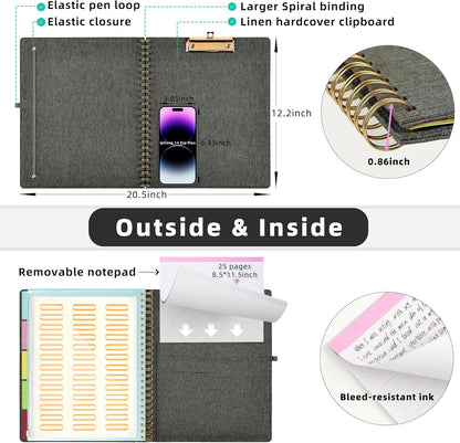 Ospelelf Foldable Spiral Clipboard Folio with Storage Zipper Pouch, 5 Plastic Folders with 10 Pockets,Refillable Lined Notepad (11" x 8.5"), Hardcover Project Organizer with 39 Stickers (Purple)