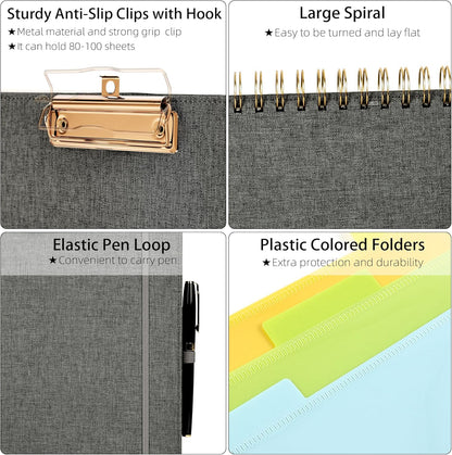 Ospelelf Foldable Spiral Clipboard Folio with Storage Zipper Pouch, 5 Plastic Folders with 10 Pockets,Refillable Lined Notepad (11" x 8.5"), Hardcover Project Organizer with 39 Stickers (Purple)