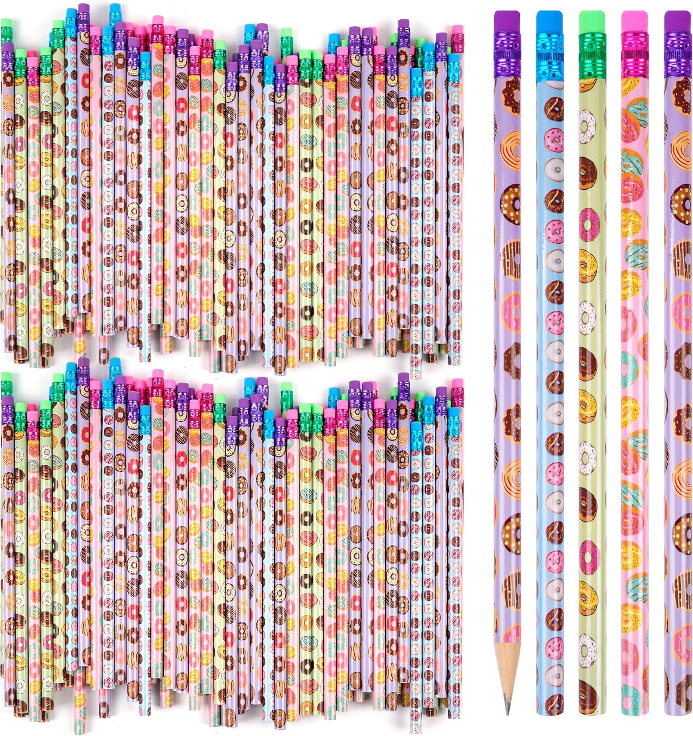 200 Pieces Donut Themed Pencils Cylinder Wood Pencils with Various Donut Element 4 Style Assorted Students Pencils Girls Birthday Present Party Supplies Student Carnival Prize School Office Supply