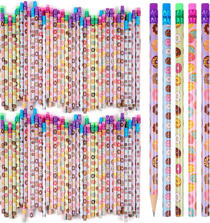 200 Pieces Donut Themed Pencils Cylinder Wood Pencils with Various Donut Element 4 Style Assorted Students Pencils Girls Birthday Present Party Supplies Student Carnival Prize School Office Supply