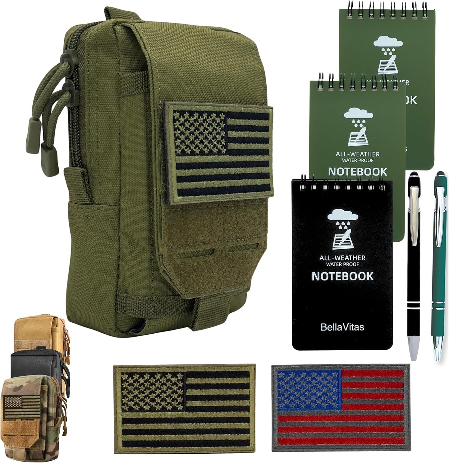 Tactical Molle Pouch Small Notebook Cover EDC Utility Bag Tool Pouch Gadget Organizer Military Waist Bag with US Flag Patch, 3”x5” Waterproof Notepad Pocket Notebook and Weatherproof Pen