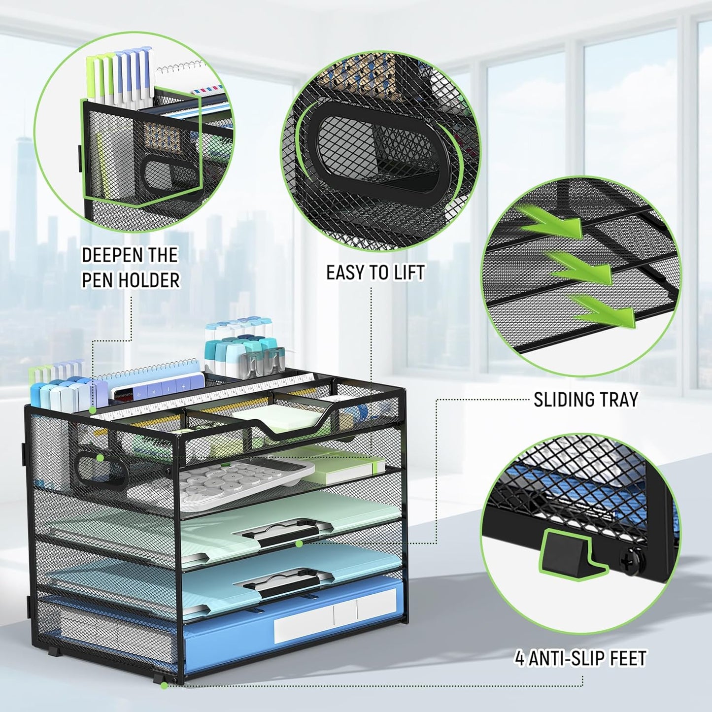 Docnest 5 Tier Letter Tray with Hanging File Organizer-Mesh Desk Organizer-Desktop Storage Box Built in Pen Holder and Handles, File Folder Holder for Mail Documents Office Supplies-Black