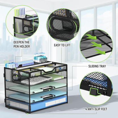 Docnest 5 Tier Letter Tray with Hanging File Organizer-Mesh Desk Organizer-Desktop Storage Box Built in Pen Holder and Handles, File Folder Holder for Mail Documents Office Supplies-Black