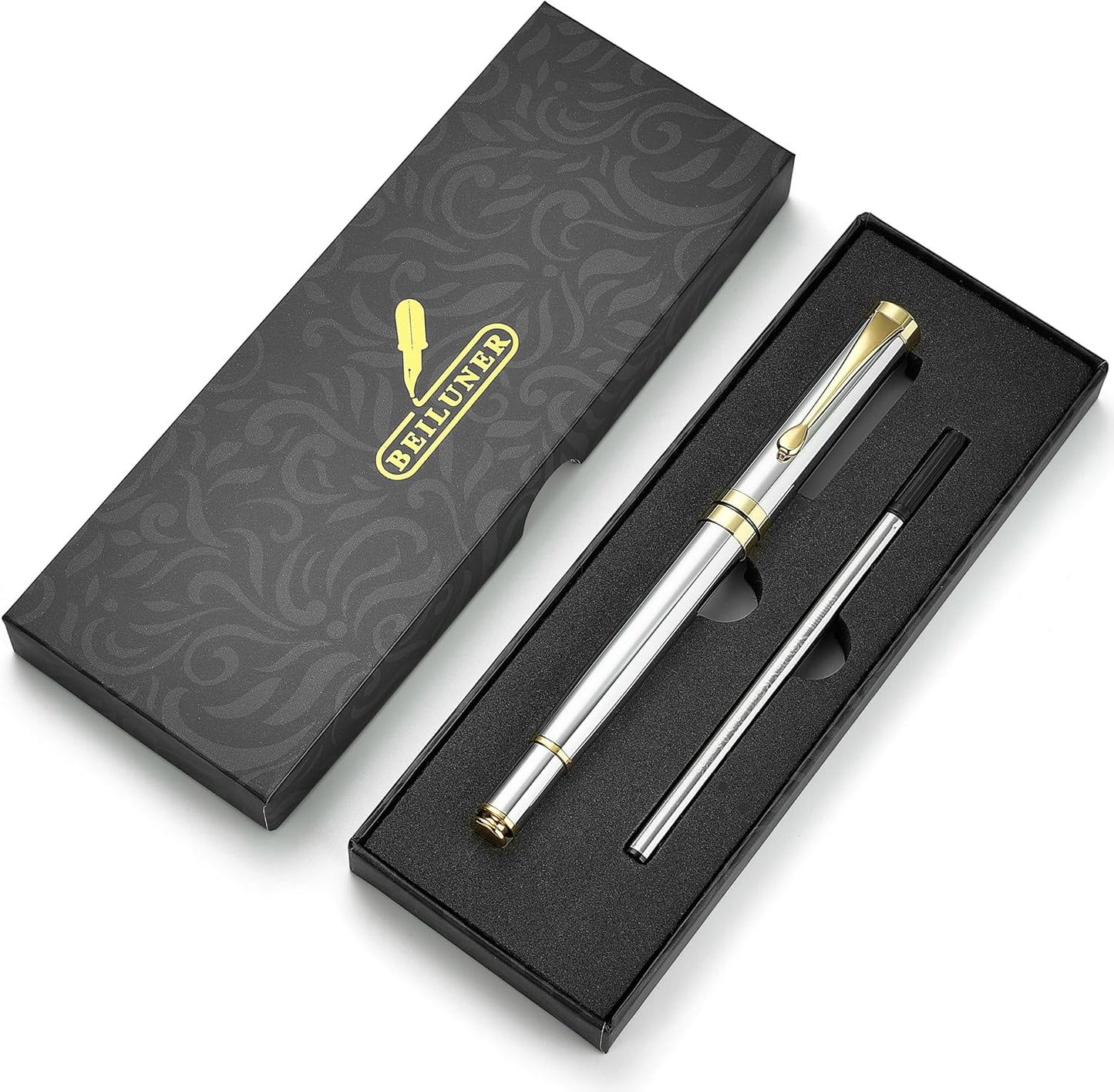BEILUNER Ballpoint Pens, Stunning Black Chrome Metal Pen with Golden Trim, Best Ball Pen Gift Set for Men & Women, Professional, Executive, Office, Nice Pens-Gift Box with 0.5mm Black Extra Refill