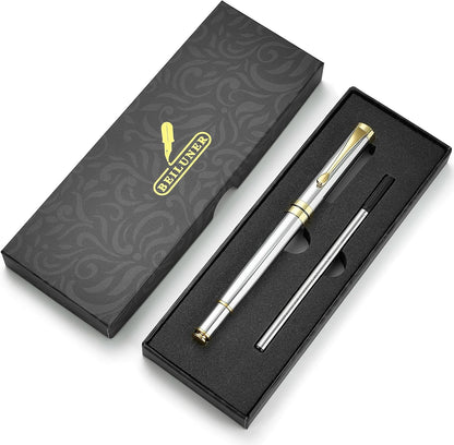 BEILUNER Ballpoint Pens, Stunning Black Chrome Metal Pen with Golden Trim, Best Ball Pen Gift Set for Men & Women, Professional, Executive, Office, Nice Pens-Gift Box with 0.5mm Black Extra Refill
