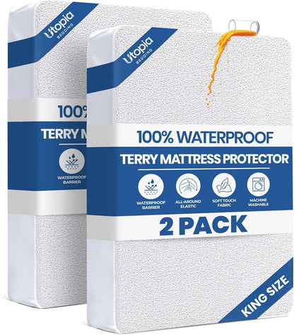 Twin Size Mattress Protector Waterproof, Premium 200 GSM Terry Mattress Cover, Soft & Breathable Bed Cover, Fitted Sheet Style Stretchable Deep Pockets 15" by Utopia Bedding (White)
