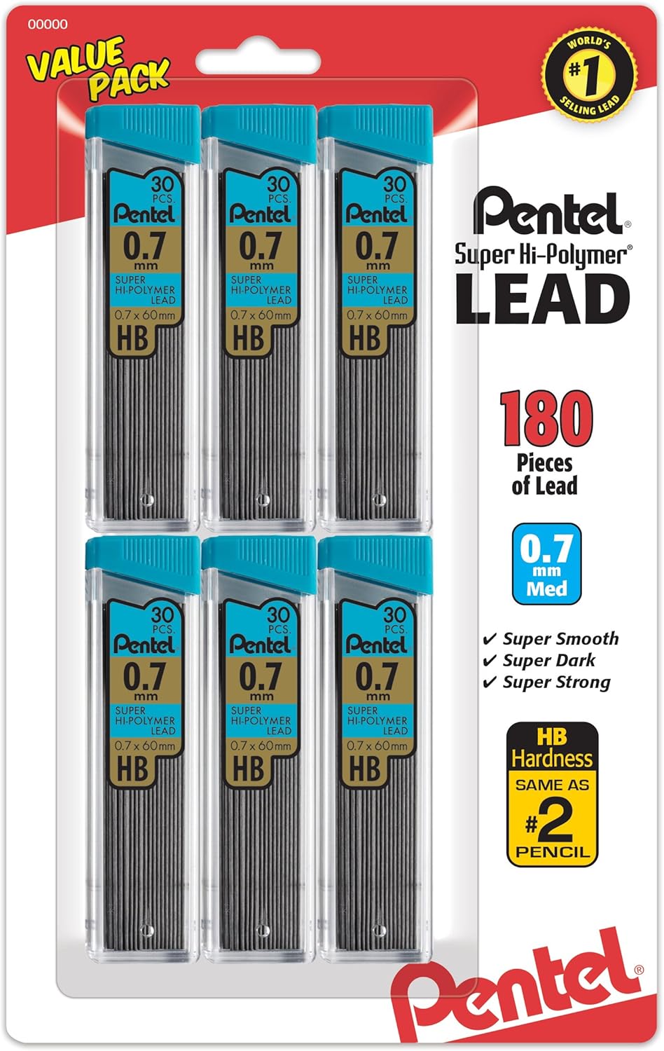 Pentel C27BPHB3K6 Super Hi-Polymer Lead Refills, 0.7mm, HB, Black, 30 per Tube (Pack of 3 Tubes)