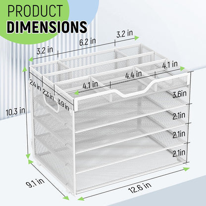 Docnest 5 Tier Letter Tray with Hanging File Organizer-Mesh Desk Organizer-Desktop Storage Box Built in Pen Holder and Handles, File Folder Holder for Mail Documents Office Supplies-Black