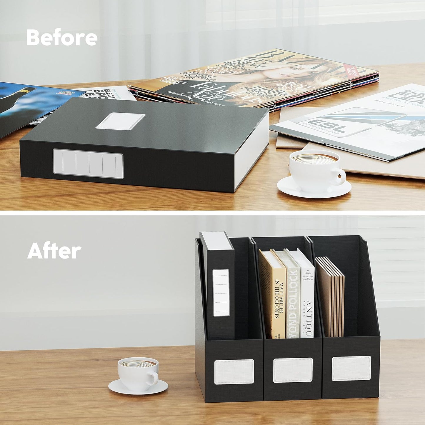 JiaWei White Magazine File Holders, 3 Packs Sturdy Cardboard File Rack, Office Organization Desktop Storage File Box Binder for Shelves and Desk, Folder Holder for Office or Classroom