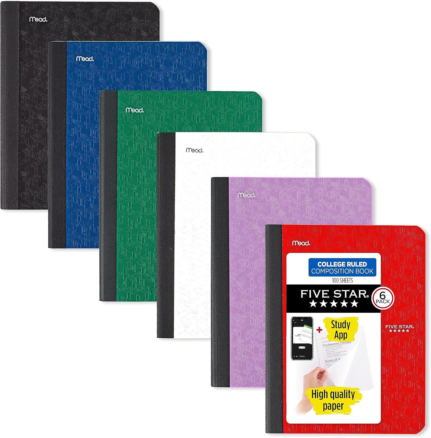 Five Star Composition Books + Study App, 6 Pack, College Ruled Paper, 9-3/4" x 7-1/2", 80 Sheets, Black, Red, Green, Blue, Purple, White (850065A-ECM)