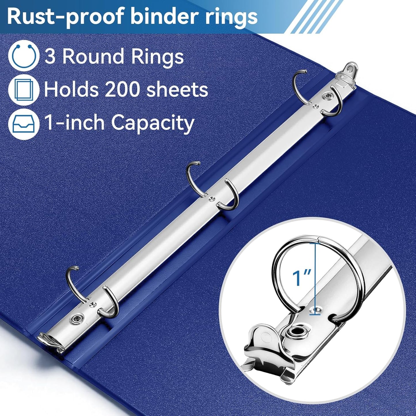 SUIN 1-inch 3 Ring Binder with 2 Interior Pockets, 1''Durable Binders Holds US Letter Size 8.5'' x 11'' Paper - Versatile Binders for Office, Home, and School Use, 6 Pack Black