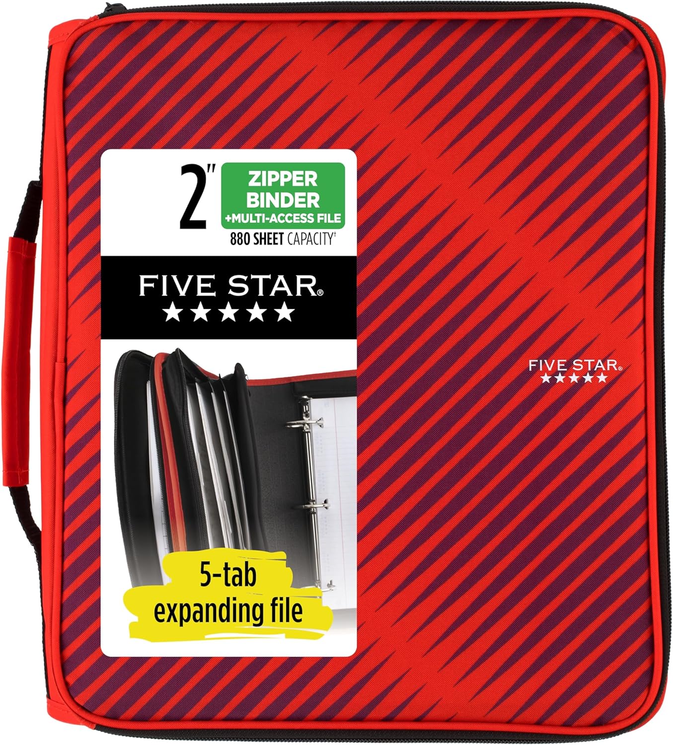 Five Star Zipper Binder, 2 Inch 3-Ring Binder with Round Rings, 5-Tab Expanding File, 380 Sheet Capacity, Black (72536)