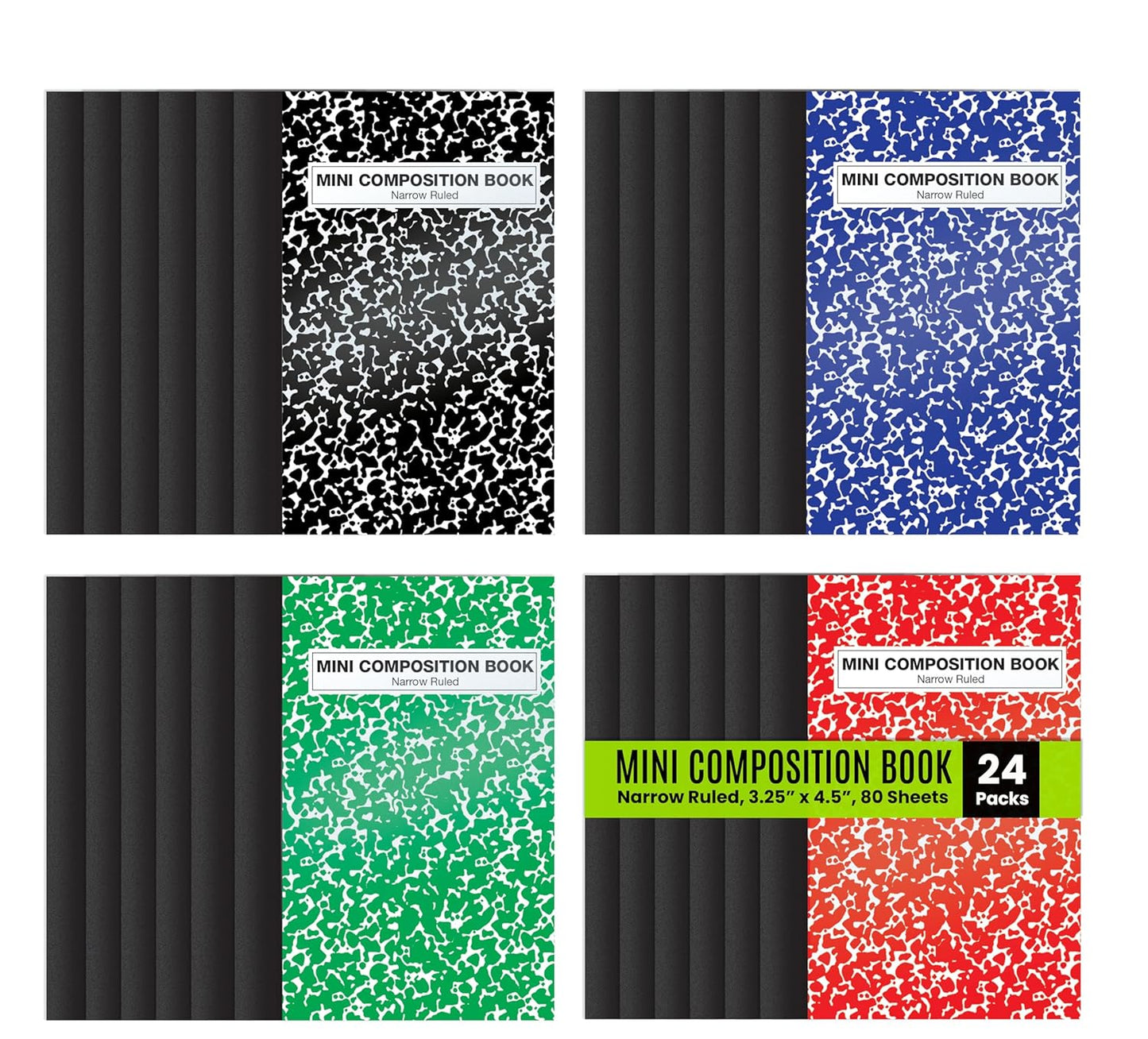 Better Office Products Mini Composition Books, 24 Pack, 4.5 x 3.25 inches, 80 Sheets, Narrow Ruled, Marble Covers in Red, Blue, Black, Green, 24 Pack