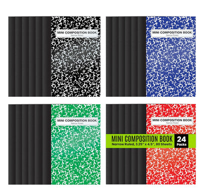 Better Office Products Mini Composition Books, 24 Pack, 4.5 x 3.25 inches, 80 Sheets, Narrow Ruled, Marble Covers in Red, Blue, Black, Green, 24 Pack