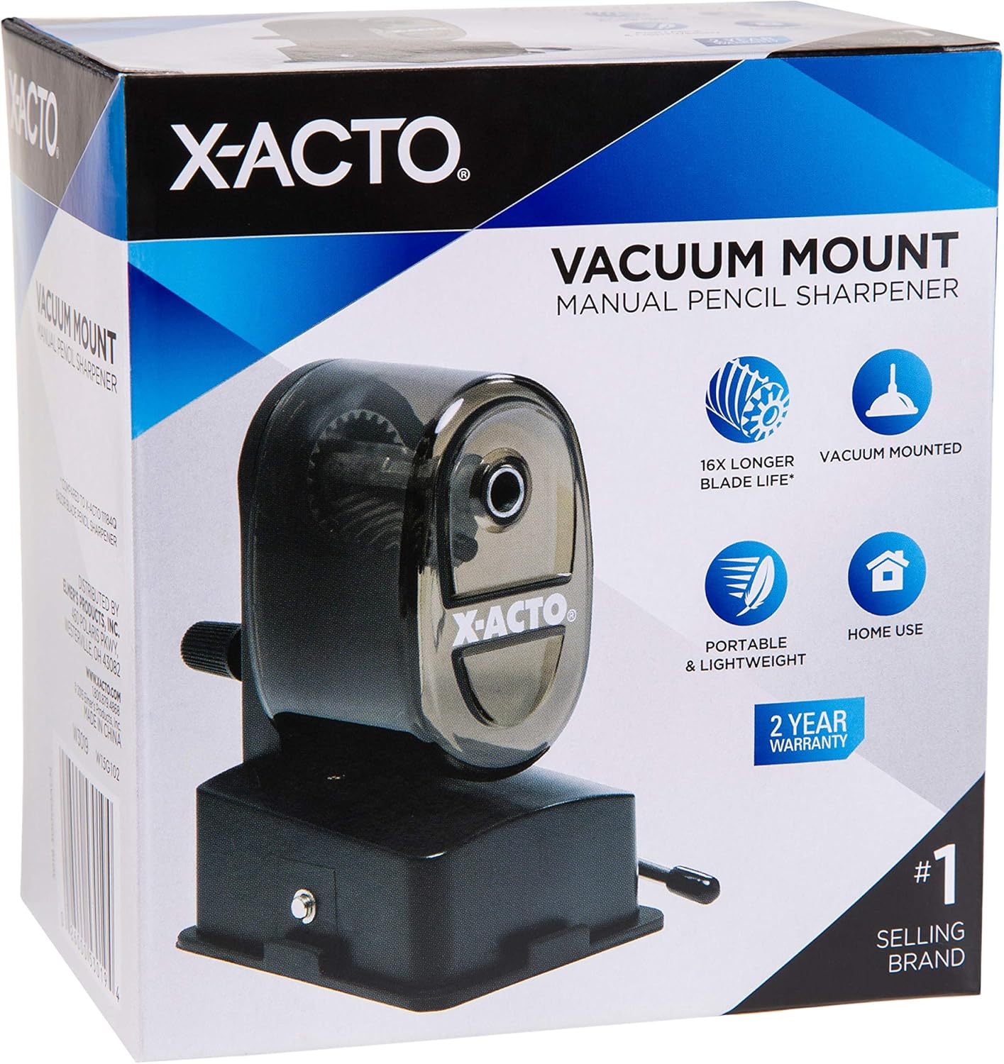 X-ACTO Bulldog Manual Pencil Sharpener w/Vacuum Mount, Colors May Vary, 1 Count