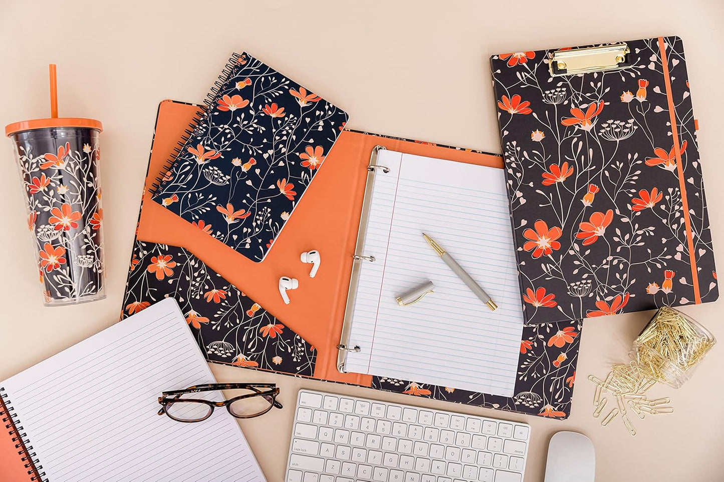 Steel Mill & Co Cute Clipboard Folio with Refillable Lined Notepad and Interior Storage Pocket, Floral Padfolio for Work, Garden Blooms Cream