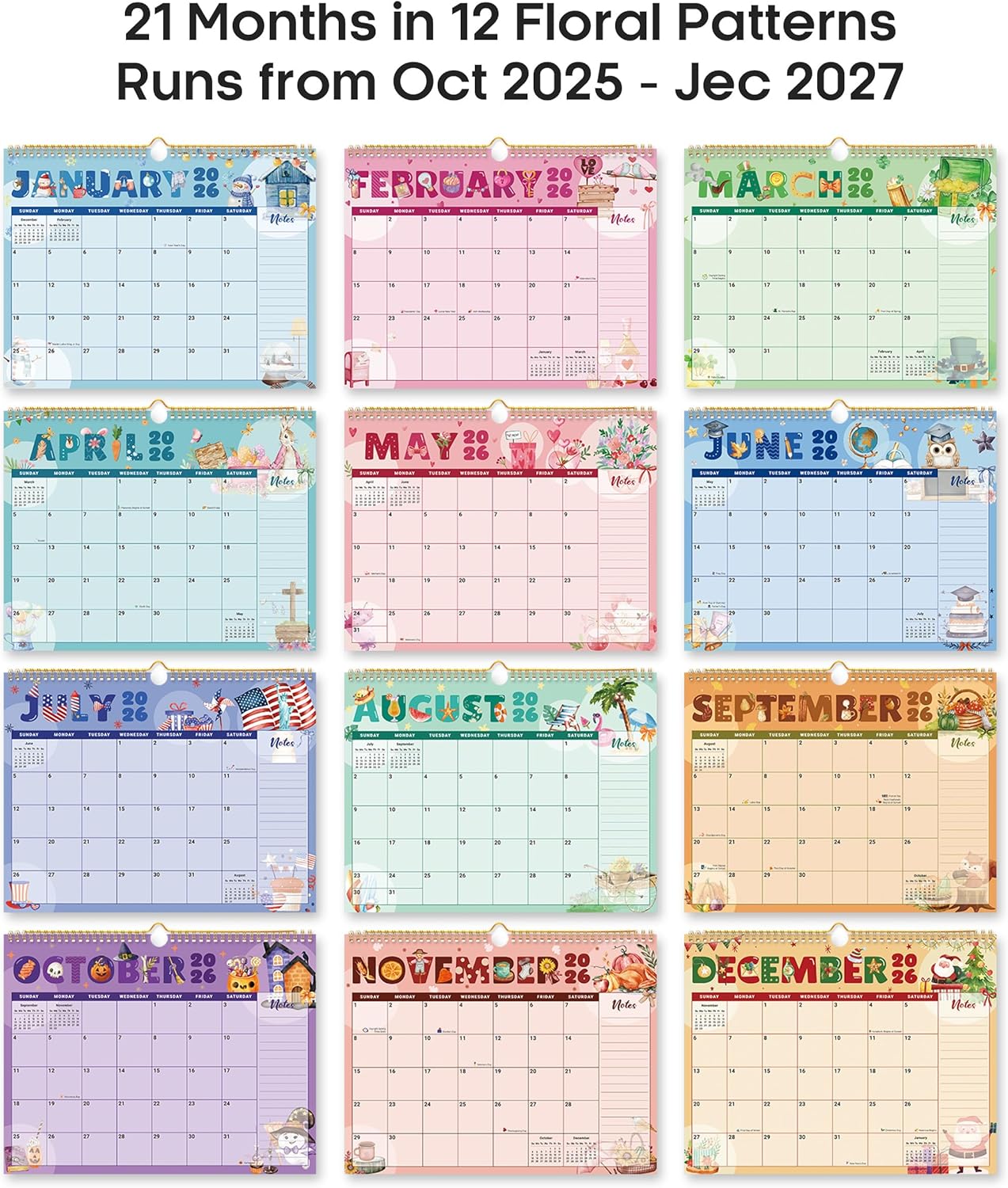 Calendar 2026-2027, Monthly Wall Calendar Runs Until June 2027, 11.5" x 14.8", Spiral Binding Hanging Wall Calendar, Perfect for Home or Office,Floral
