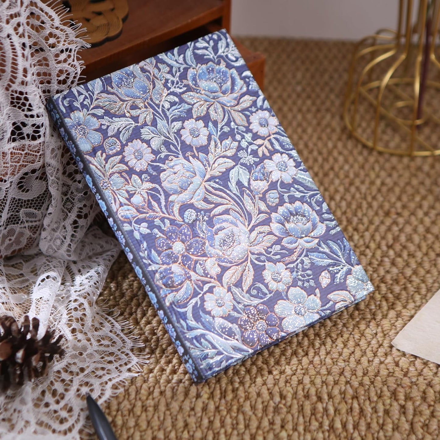 Hardcover Lined Journal - 224 Pages 100GSM Thick Paper A5 Notebook with Gilded Edges, Elegant Blue Damask Floral Pattern, Classic Aesthetic Diary for Women