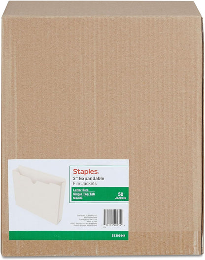 Staples File Jackets, Letter Size, 2‑Inch Expansion, Durable Manila Jackets for Secure Document Storage – 100/Carton