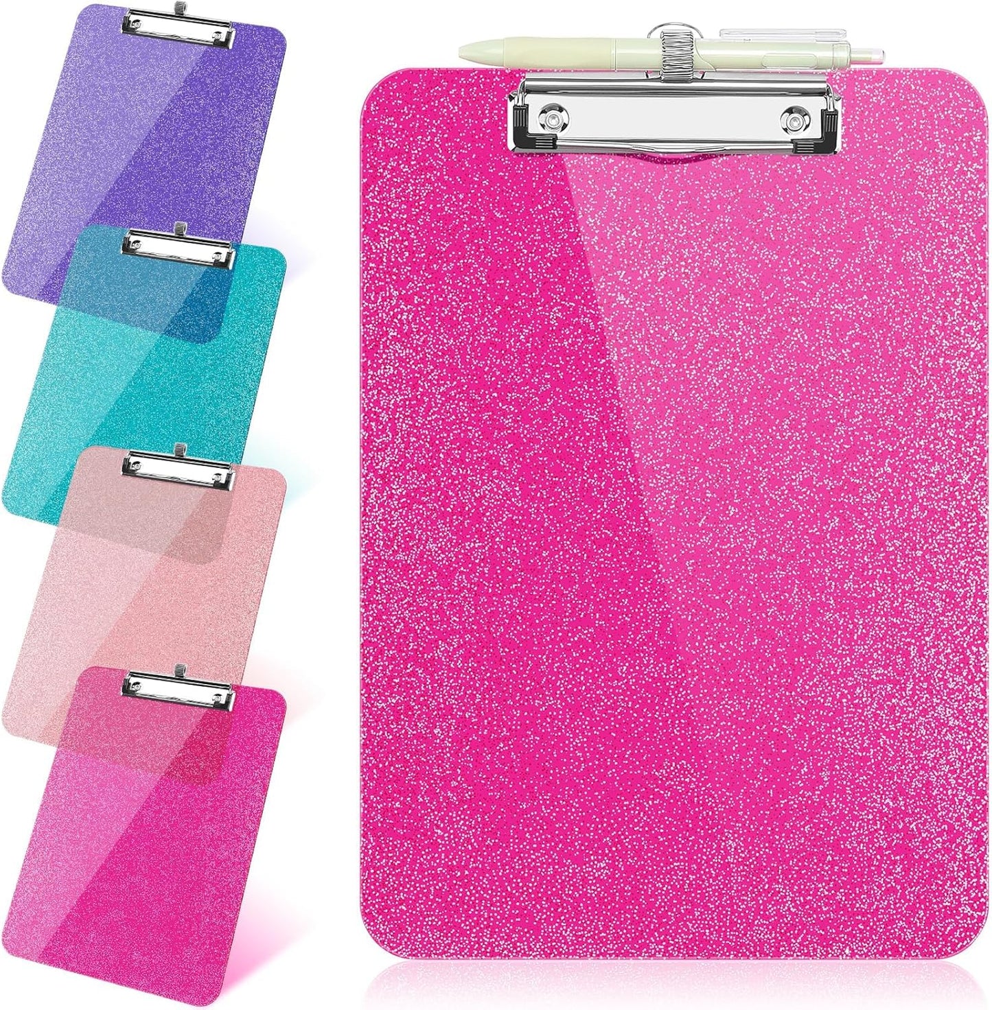 SFLHHDM 1 Pcs Clear Glitter Clipboards, Plastic Clipboard with Pen Holder, Size 8.85 x 12.4 in Shiny Clipboards with Low Profile Clip, Cute Hanging Clipboard for Office School Sparkly Clip Board-Pink