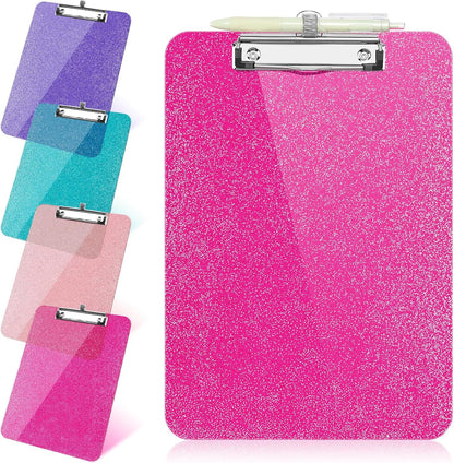 SFLHHDM 1 Pcs Clear Glitter Clipboards, Plastic Clipboard with Pen Holder, Size 8.85 x 12.4 in Shiny Clipboards with Low Profile Clip, Cute Hanging Clipboard for Office School Sparkly Clip Board-Pink
