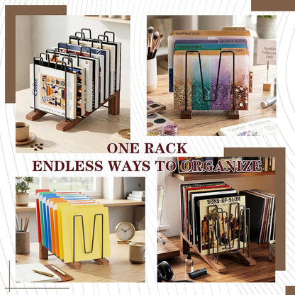 TREWAVE Inclined File Organizer for Desk, Adjustable 7-Section Vertical Desk File Organizer with Wooden Base, Metal Desktop Paper Folder Holder for Office, Home, Classroom and School Workspace